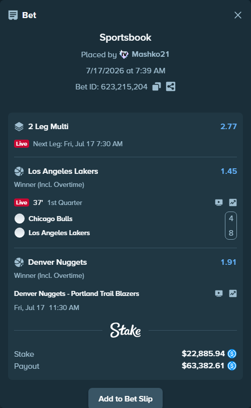 Bet slip: Denver Nuggets - Portland Trail Blazers, $22,885.94 stake at 1.91 odds, placed by Mashko21