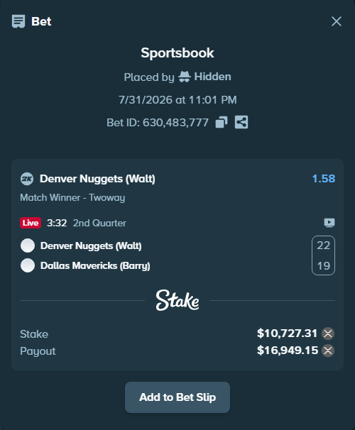 Bet slip: Denver Nuggets (Walt) - Dallas Mavericks (Barry), $10,360.00 stake at 1.58 odds, placed by Hidden