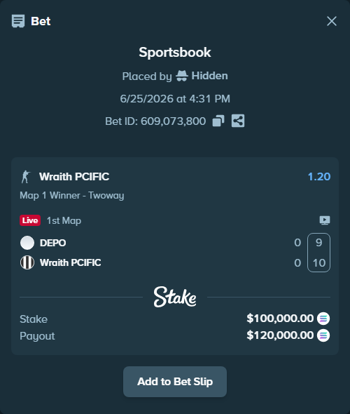 Bet slip: DEPO - Wraith PCIFIC, $110,990.74 stake at 1.20 odds, placed by Hidden