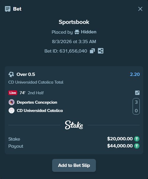 Bet slip: Deportes Concepcion - CD Universidad Catolica, $20,020.00 stake at 2.20 odds, placed by Hidden