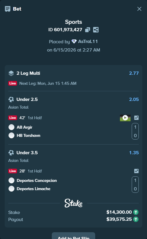 Bet slip: Deportes Concepcion - Deportes Limache, $14,314.30 stake at 1.35 odds, placed by AsTraL11
