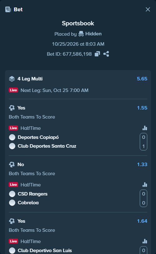 Bet slip: Deportes Copiapo - CD Santa Cruz, $102,117.87 stake at 1.55 odds, placed by Hidden