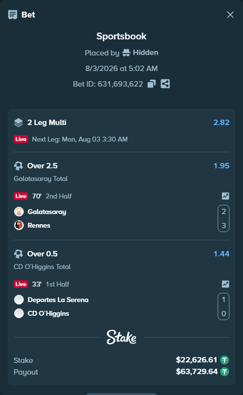 Bet slip: Deportes La Serena - CD O´Higgins, $22,649.23 stake at 1.44 odds, placed by Hidden