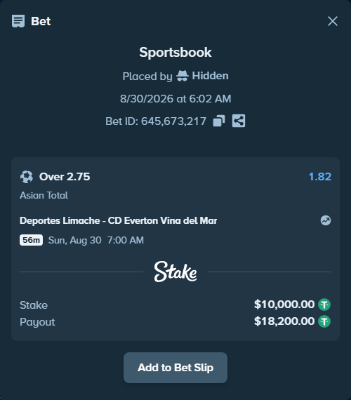 Bet slip: Deportes Limache - CD Everton Vina del Mar, $10,000.00 stake at 1.82 odds, placed by Hidden