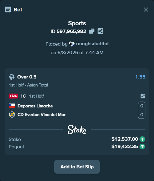 Bet slip: Deportes Limache - CD Everton Vina del Mar, $12,537.00 stake at 1.55 odds, placed by rmaghsdudthd