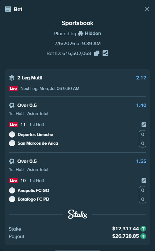 Bet slip: Deportes Limache - San Marcos de Arica, $12,329.76 stake at 1.40 odds, placed by Hidden