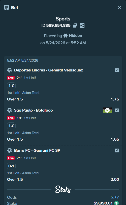 Bet slip: Deportes Linares - General Velasquez, $10,000.00 stake at 1.75 odds, placed by Hidden