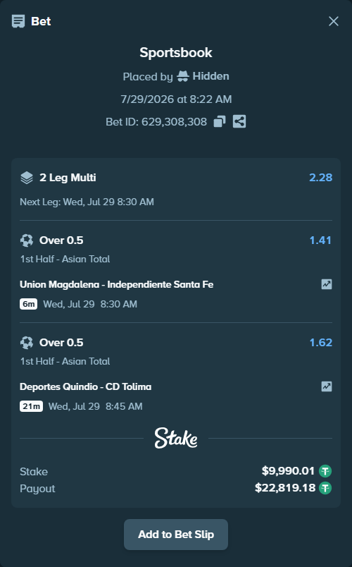 Bet slip: Deportes Quindio - CD Tolima, $10,000.00 stake at 1.62 odds, placed by Hidden