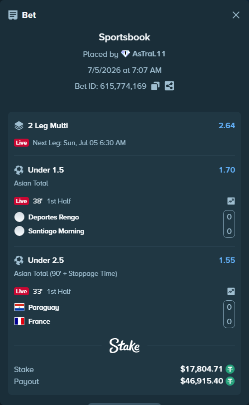 Bet slip: Deportes Rengo - Santiago Morning, $17,804.71 stake at 1.70 odds, placed by AsTraL11