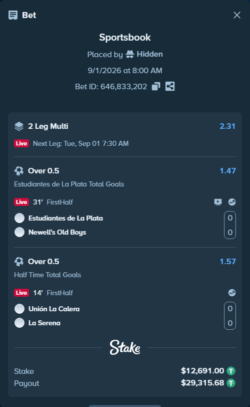 Bet slip: Deportes Union La Calera - Deportes La Serena, $12,691.00 stake at 1.57 odds, placed by Hidden