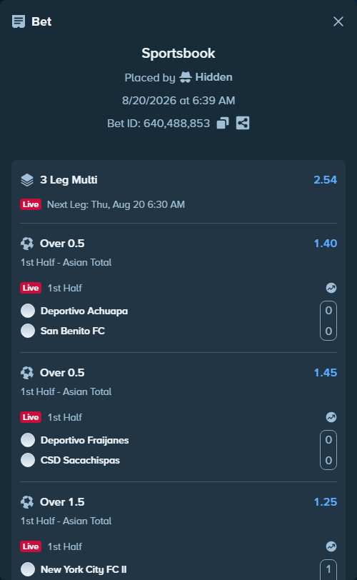Bet slip: Deportivo Achuapa - San Benito FC, $16,093.77 stake at 1.40 odds, placed by Hidden