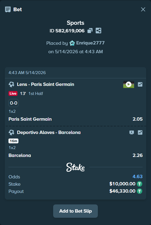 Bet slip: Deportivo Alaves - Barcelona, $10,000.00 stake at 2.26 odds, placed by Enrique2777