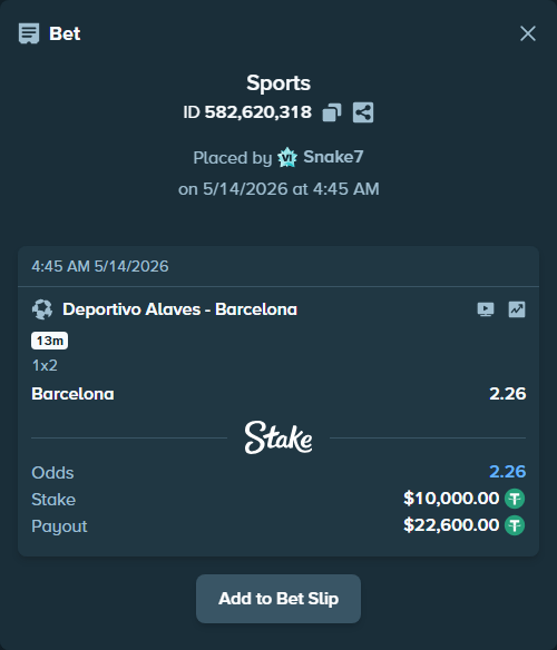 Bet slip: Deportivo Alaves - Barcelona, $10,000.00 stake at 2.26 odds, placed by Snake7