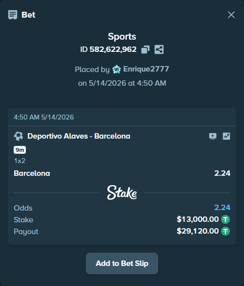 Bet slip: Deportivo Alaves - Barcelona, $13,000.00 stake at 2.24 odds, placed by Enrique2777