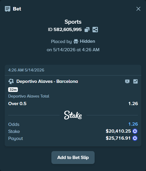 Bet slip: Deportivo Alaves - Barcelona, $16,380.00 stake at 1.26 odds, placed by ossipeter