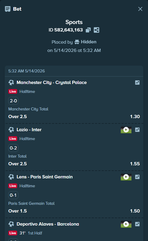 Bet slip: Deportivo Alaves - Barcelona, $21,943.00 stake at 1.50 odds, placed by Hidden