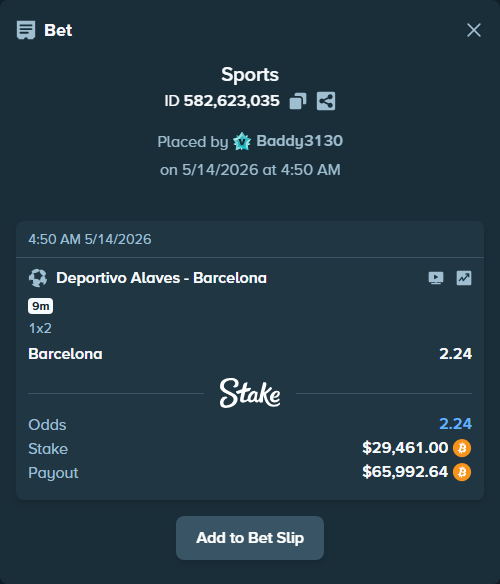 Bet slip: Deportivo Alaves - Barcelona, $23,770.04 stake at 2.24 odds, placed by Baddy3130