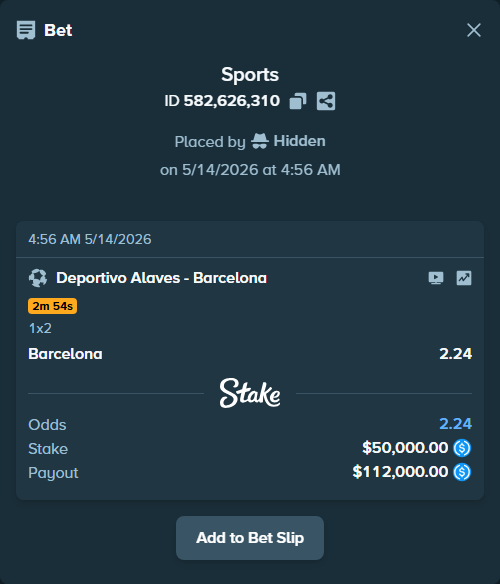 Bet slip: Deportivo Alaves - Barcelona, $50,000.00 stake at 2.24 odds, placed by Hidden