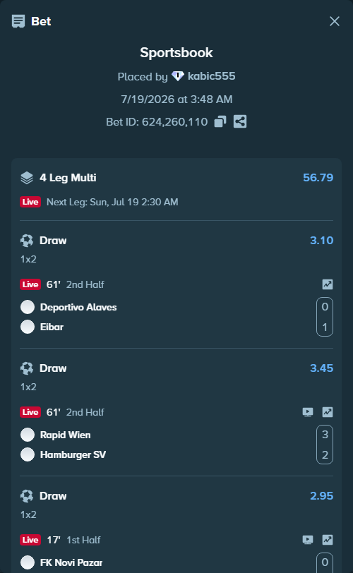 Bet slip: Deportivo Alaves - Eibar, $24,784.75 stake at 3.10 odds, placed by kabic555