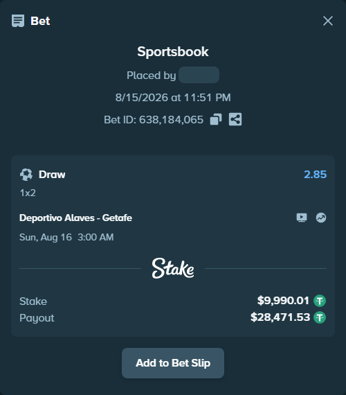 Bet slip: Deportivo Alaves - Getafe, $10,000.00 stake at 2.85 odds, placed by cxs888