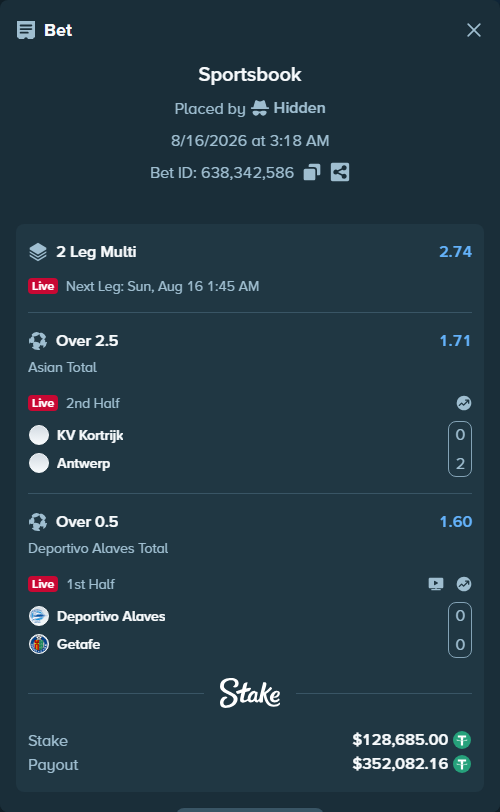 Bet slip: Deportivo Alaves - Getafe, $128,813.68 stake at 1.60 odds, placed by Hidden