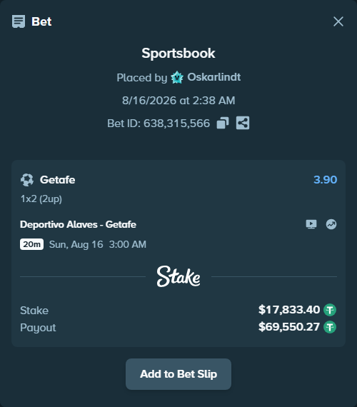 Bet slip: Deportivo Alaves - Getafe, $17,851.24 stake at 3.90 odds, placed by Oskarlindt
