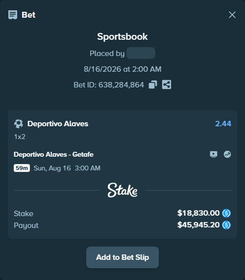 Bet slip: Deportivo Alaves - Getafe, $18,830.00 stake at 2.44 odds, placed by Duretil05