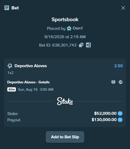 Bet slip: Deportivo Alaves - Getafe, $52,000.00 stake at 2.50 odds, placed by Oen1