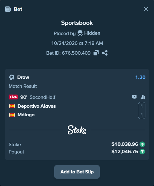 Bet slip: Deportivo Alaves - Malaga, $10,049.00 stake at 1.20 odds, placed by win4069