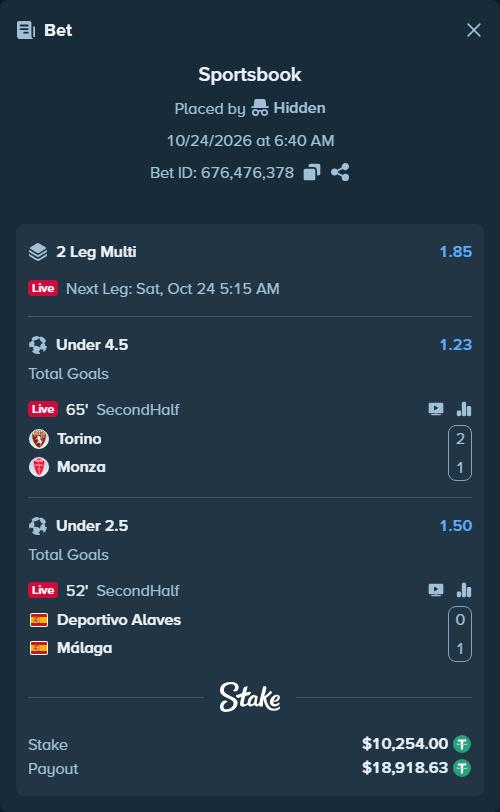 Bet slip: Deportivo Alaves - Malaga, $10,264.25 stake at 1.50 odds, placed by Hidden
