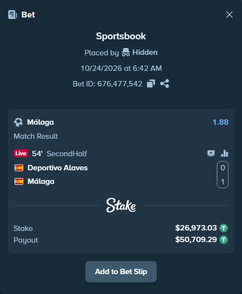 Bet slip: Deportivo Alaves - Malaga, $27,000.00 stake at 1.88 odds, placed by Hidden