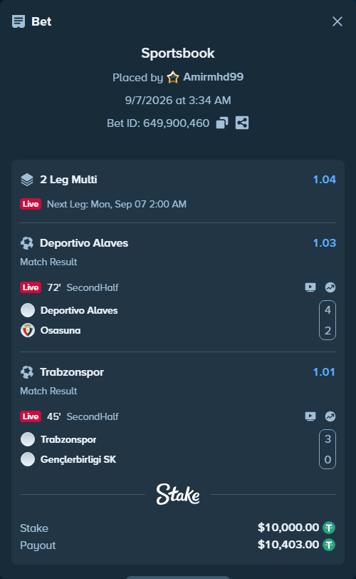Bet slip: Deportivo Alaves - Osasuna, $10,000.00 stake at 1.03 odds, placed by Amirmhd99