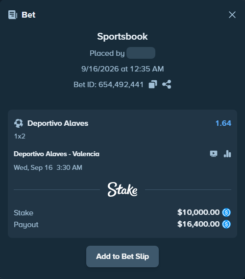 Bet slip: Deportivo Alaves - Valencia, $10,000.00 stake at 1.64 odds, placed by DerrickHarper