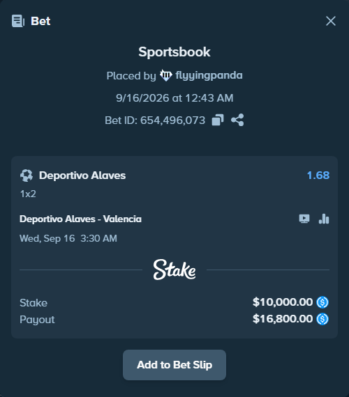 Bet slip: Deportivo Alaves - Valencia, $10,000.00 stake at 1.68 odds, placed by flyyingpanda