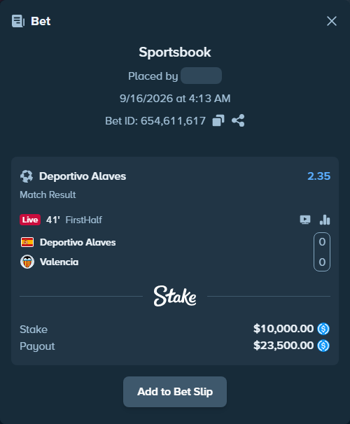 Bet slip: Deportivo Alaves - Valencia, $10,000.00 stake at 2.35 odds, placed by petterblom