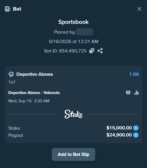 Bet slip: Deportivo Alaves - Valencia, $15,000.00 stake at 1.66 odds, placed by Modus777