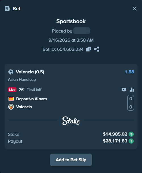 Bet slip: Deportivo Alaves - Valencia, $15,000.00 stake at 1.88 odds, placed by Mrazova