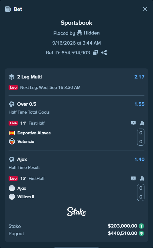 Bet slip: Deportivo Alaves - Valencia, $203,203.00 stake at 1.55 odds, placed by Hidden