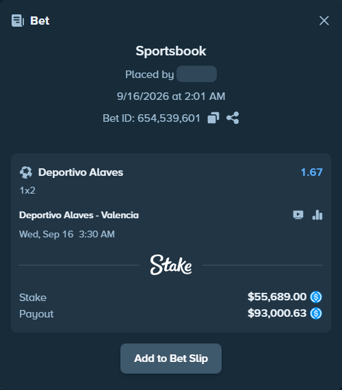 Bet slip: Deportivo Alaves - Valencia, $55,689.00 stake at 1.67 odds, placed by flyyingpanda