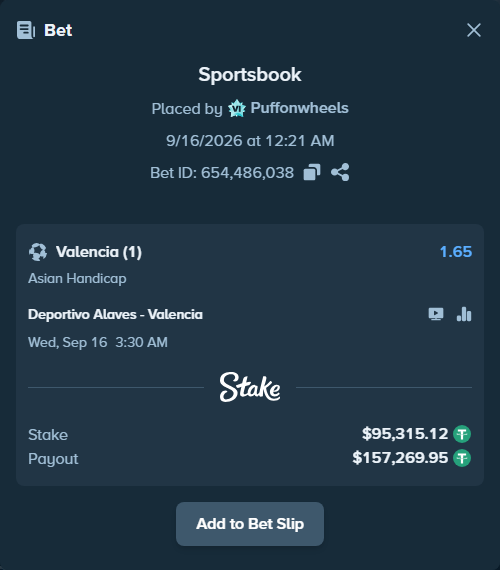 Bet slip: Deportivo Alaves - Valencia, $95,315.12 stake at 1.65 odds, placed by Puffonwheels