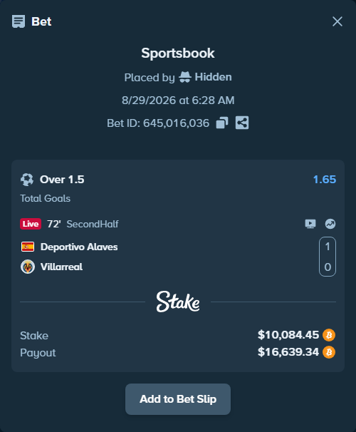 Bet slip: Deportivo Alaves - Villareal, $10,089.35 stake at 1.65 odds, placed by Hidden