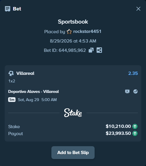 Bet slip: Deportivo Alaves - Villareal, $10,210.00 stake at 2.35 odds, placed by rockstar4451