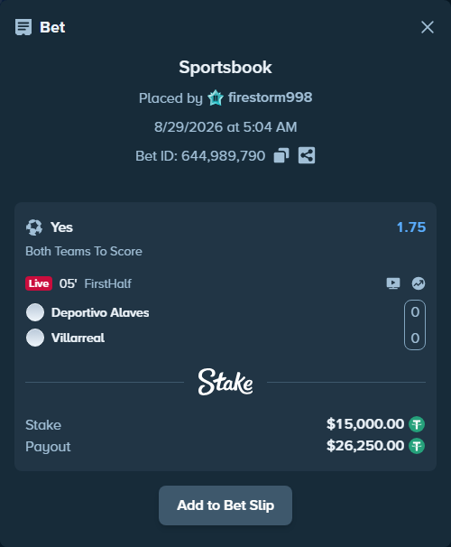 Bet slip: Deportivo Alaves - Villareal, $15,000.00 stake at 1.75 odds, placed by firestorm998