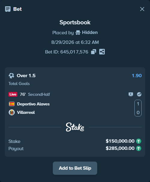 Bet slip: Deportivo Alaves - Villareal, $150,000.00 stake at 1.90 odds, placed by Hidden