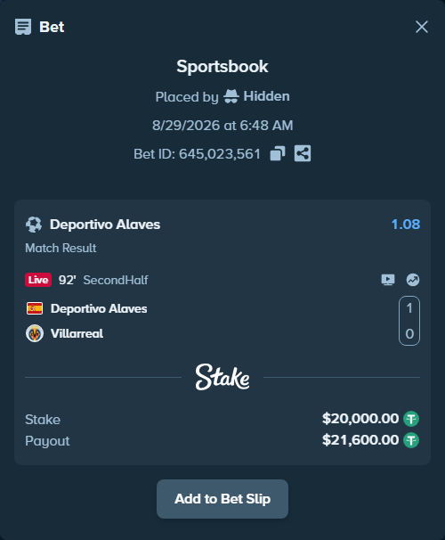 Bet slip: Deportivo Alaves - Villareal, $20,000.00 stake at 1.08 odds, placed by Hidden