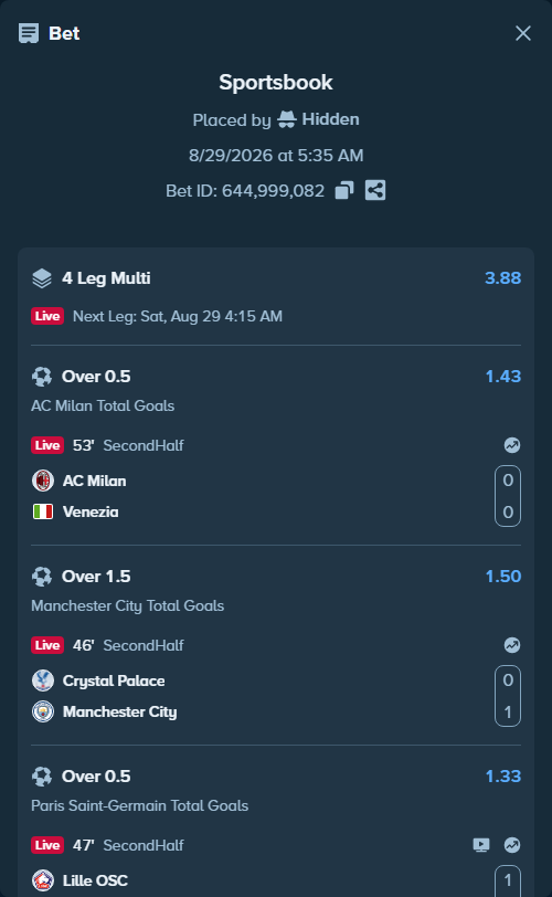 Bet slip: Deportivo Alaves - Villareal, $95,000.00 stake at 1.36 odds, placed by Hidden