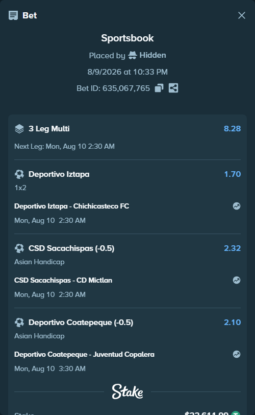 Bet slip: Deportivo Coatepeque - Juventud Copalera, $22,634.60 stake at 2.10 odds, placed by Hidden