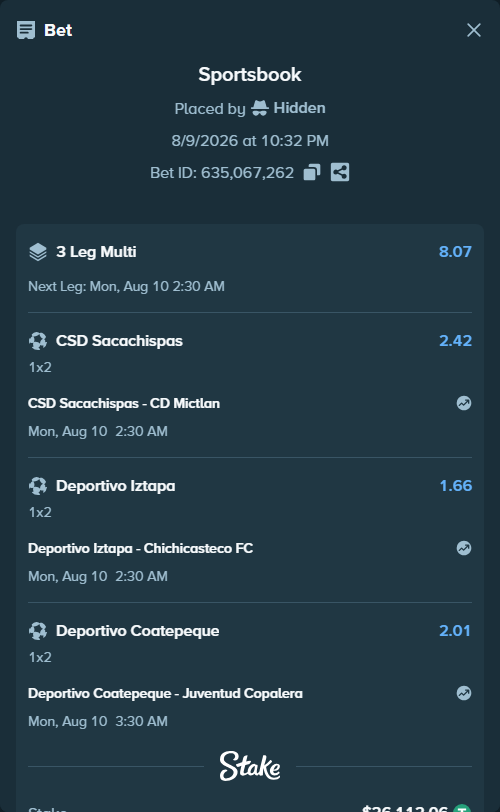 Bet slip: Deportivo Coatepeque - Juventud Copalera, $26,138.17 stake at 2.01 odds, placed by Hidden
