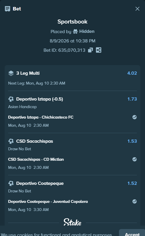 Bet slip: Deportivo Coatepeque - Juventud Copalera, $32,861.00 stake at 1.52 odds, placed by Hidden