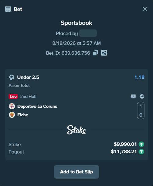 Bet slip: Deportivo La Coruna - Elche, $10,000.00 stake at 1.18 odds, placed by Raja6457